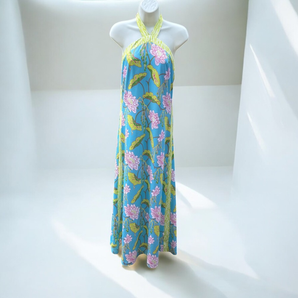 Gretchen Scott Halter Maxi Dress Floral Print Sleeveless Lime Green Blue Size S‎